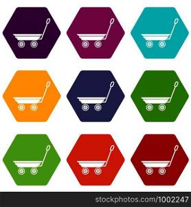 Market trolley icons 9 set coloful isolated on white for web. Market trolley icons set 9 vector