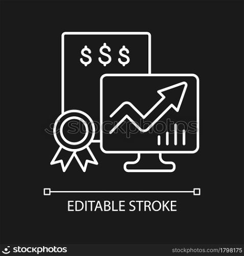 Marketable securities white linear icon for dark theme. Money market instruments. Hedge fund. Thin line customizable illustration. Isolated vector contour symbol for night mode. Editable stroke. Marketable securities white linear icon for dark theme