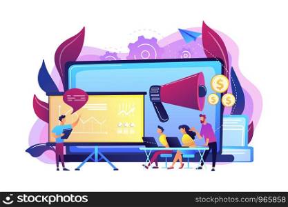 Marketeers learning from fellow professionals at meetup with presentation board. Marketing meetup, sharing experience, marketing expertise concept. Bright vibrant violet vector isolated illustration. Marketing meetup concept vector illustration.