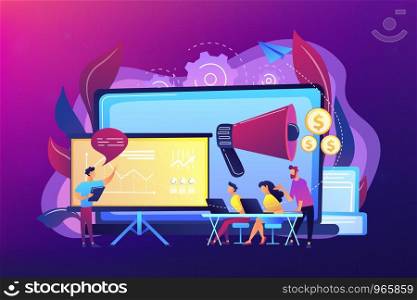 Marketeers learning from fellow professionals at meetup with presentation board. Marketing meetup, sharing experience, marketing expertise concept. Bright vibrant violet vector isolated illustration. Marketing meetup concept vector illustration.
