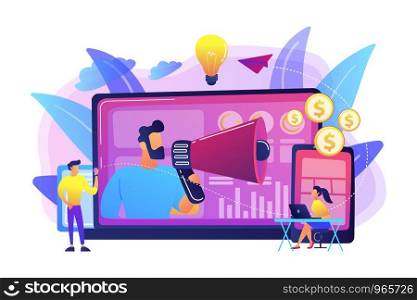 Marketer delivering ads with megaphone and devices. Cross-device marketing, cross-device marketing analysis and strategy concept on white background. Bright vibrant violet vector isolated illustration. Cross-device marketing concept vector illustration.