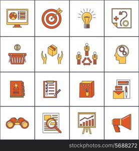 Marketer finance money shopping marketing business search buying flat line icons set isolated vector illustration