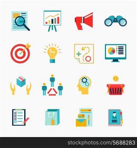 Marketer financial money business flat icons set with lightbulb target megaphone isolated vector illustration