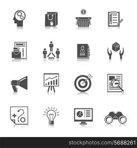 Marketer financial money shopping business search buying black icons set isolated vector illustration