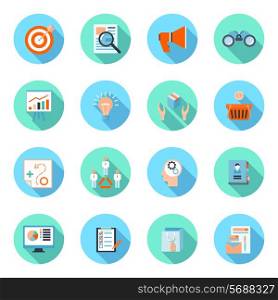 Marketer flat icons set with advertising effectiveness brand analytics product marketing isolated vector illustration