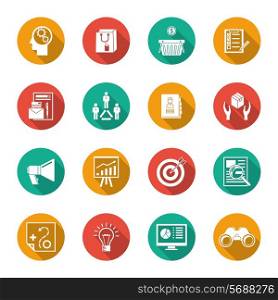 Marketer flat icons set with advertising effectiveness marketing analytics isolated vector illustration