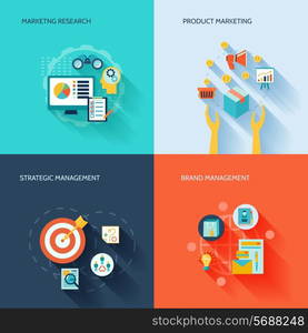 Marketer flat icons set with marketing research product strategic brand management isolated vector illustration