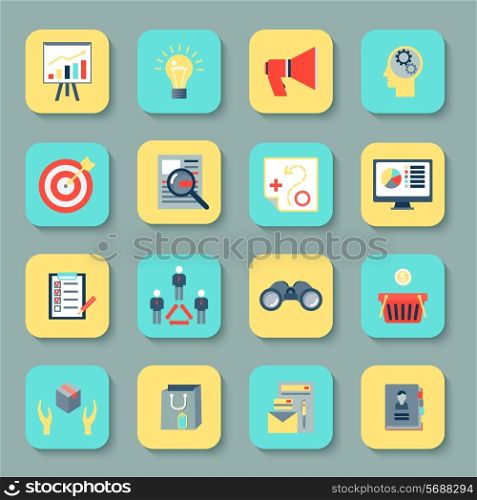 Marketer flat icons set with research product marketing brand advertising isolated vector illustration
