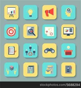 Marketer flat icons set with research product marketing brand advertising isolated vector illustration
