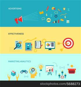 Marketer horizontal banners set with advertising effectiveness marketing analytics isolated vector illustration