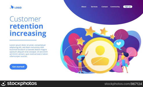 Marketer measuring customer satisfaction and rating stars. Satisfaction and loyalty analysis, customer retention increasing, marketing tools concept. Website vibrant violet landing web page template.. Satisfaction and loyalty analysis concept landing page.