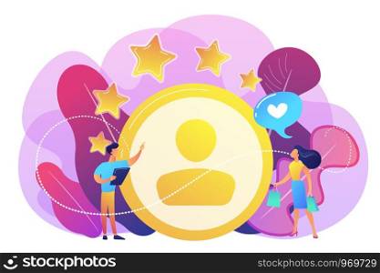 Marketer measuring customer satisfaction and rating stars. Satisfaction and loyalty analysis, customer retention increasing, marketing tools concept. Bright vibrant violet vector isolated illustration. Satisfaction and loyalty analysis concept vector illustration.