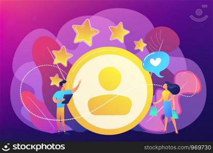 Marketer measuring customer satisfaction and rating stars. Satisfaction and loyalty analysis, customer retention increasing, marketing tools concept. Bright vibrant violet vector isolated illustration. Satisfaction and loyalty analysis concept vector illustration.