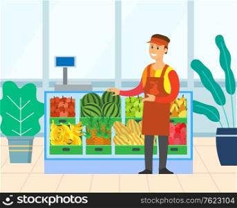 Marketer standing near boxes of fruit and vegetables. Smiling seller, containers of watermelon, apple and pear, melon and banana, pineapple, marker vector. Flat cartoon. Fruit and Vegetables in Supermarket, Retail Vector