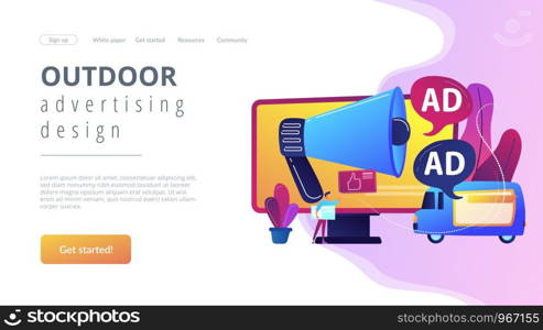 Marketer with outdoor advertisements from loudspeaker and on the van. Outdoor advertising design, out of home media, outdoor advertising concept. Website vibrant violet landing web page template.. Outdoor advertising design concept landing page.
