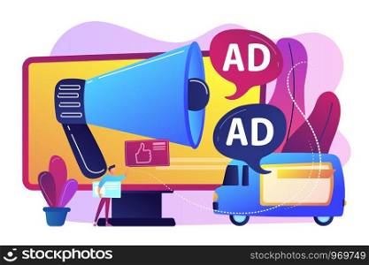 Marketer with outdoor advertisements from loudspeaker and on the van. Outdoor advertising design, out of home media, outdoor advertising concept. Bright vibrant violet vector isolated illustration. Outdoor advertising design concept vector illustration.