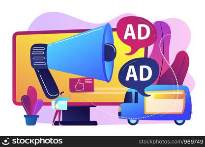 Marketer with outdoor advertisements from loudspeaker and on the van. Outdoor advertising design, out of home media, outdoor advertising concept. Bright vibrant violet vector isolated illustration. Outdoor advertising design concept vector illustration.