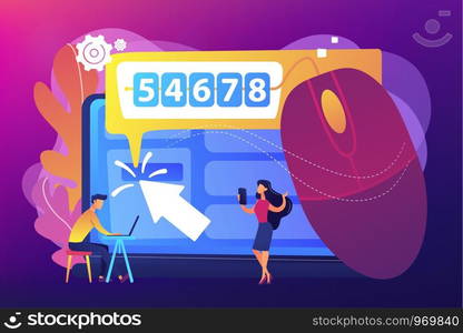 Marketers analyzing digital marketplace. Search engine marketing. Click tracking, clients behavior control, user friendly ad concept. Bright vibrant violet vector isolated illustration. Click tracking concept vector illustration.