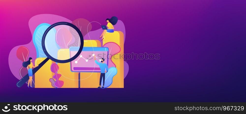 Marketers with magnifier research marketing opportunities chart. Marketing research, marketing analysis, market opportunities and problems concept. Header or footer banner template with copy space.. Marketing research concept banner header.