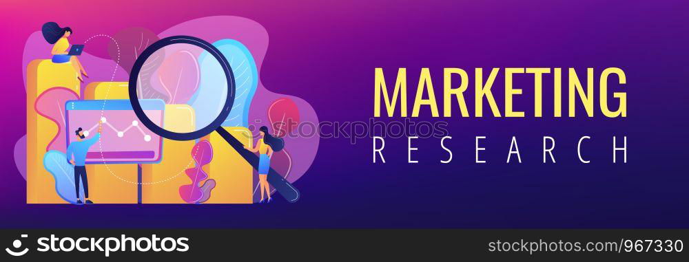 Marketers with magnifier research marketing opportunities chart. Marketing research, marketing analysis, market opportunities and problems concept. Header or footer banner template with copy space.. Marketing research concept banner header.