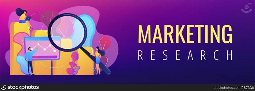 Marketers with magnifier research marketing opportunities chart. Marketing research, marketing analysis, market opportunities and problems concept. Header or footer banner template with copy space.. Marketing research concept banner header.
