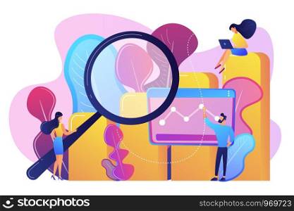 Marketers with magnifier research marketing opportunities chart. Marketing research, marketing analysis, market opportunities and problems concept. Bright vibrant violet vector isolated illustration. Marketing research concept vector illustration.