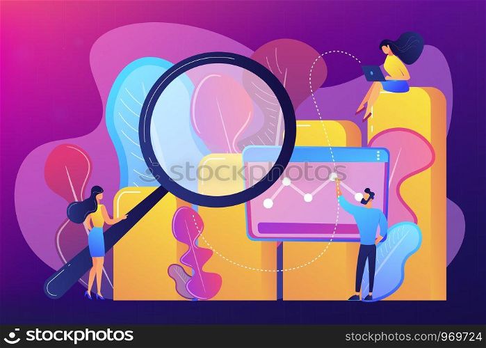 Marketers with magnifier research marketing opportunities chart. Marketing research, marketing analysis, market opportunities and problems concept. Bright vibrant violet vector isolated illustration. Marketing research concept vector illustration.