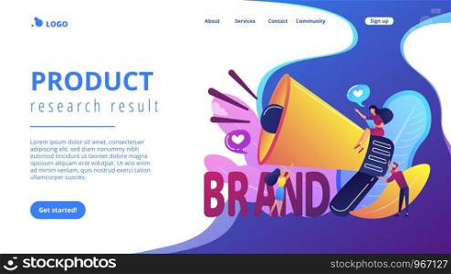 Marketers with megaphone conducting brand awareness campaign. Brand awareness, product research result, marketing survey metrics concept. Website vibrant violet landing web page template.. Brand awareness concept landing page.