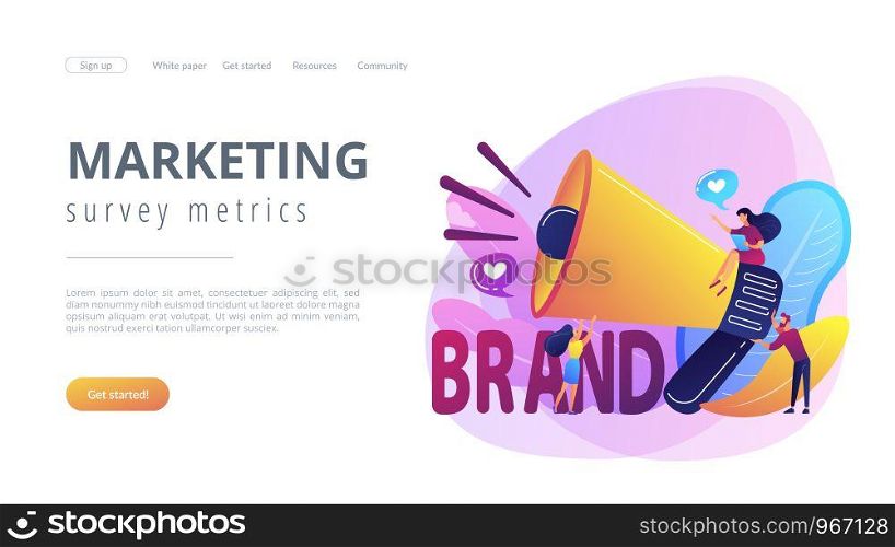 Marketers with megaphone conducting brand awareness campaign. Brand awareness, product research result, marketing survey metrics concept. Website vibrant violet landing web page template.. Brand awareness concept landing page.