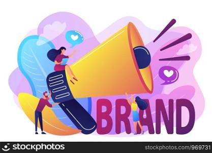 Marketers with megaphone conducting brand awareness campaign. Brand awareness, product research result, marketing survey metrics concept. Bright vibrant violet vector isolated illustration. Brand awareness concept vector illustration.