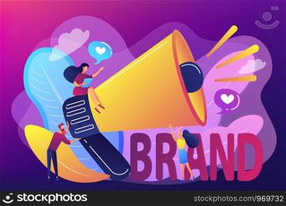 Marketers with megaphone conducting brand awareness campaign. Brand awareness, product research result, marketing survey metrics concept. Bright vibrant violet vector isolated illustration. Brand awareness concept vector illustration.