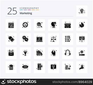 Marketing 25 Solid Glyph icon pack including watch. events. chart. calendar. idea