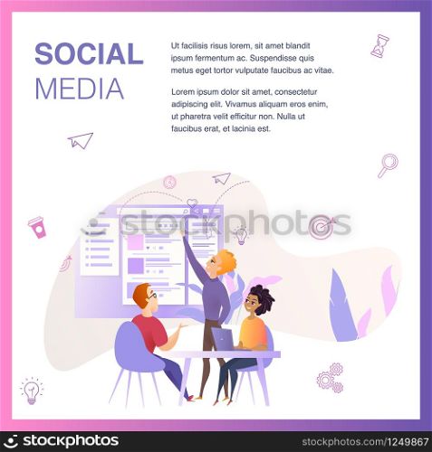 Marketing Agency Team Improve Social Media Ui. Designer Character Create Web Interface Template Banner Concept for Website or Landing Page. Teamwork on Project Flat Vector Illustration. Marketing Agency Team Improve Social Media Ui