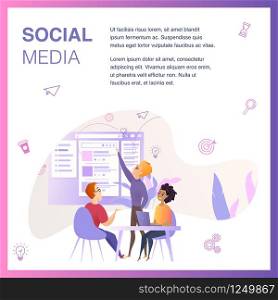 Marketing Agency Team Improve Social Media Ui. Designer Character Create Web Interface Template Banner Concept for Website or Landing Page. Teamwork on Project Flat Vector Illustration. Marketing Agency Team Improve Social Media Ui
