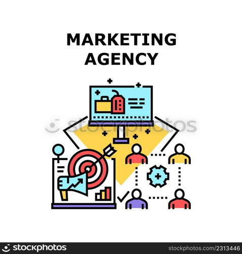 Marketing Agency Vector Icon Concept. Marketing Agency For Researching Customer Attitude And Creation Promotion Project. Planning Strategy For Online Advertisement Color Illustration. Marketing Agency Vector Concept Color Illustration