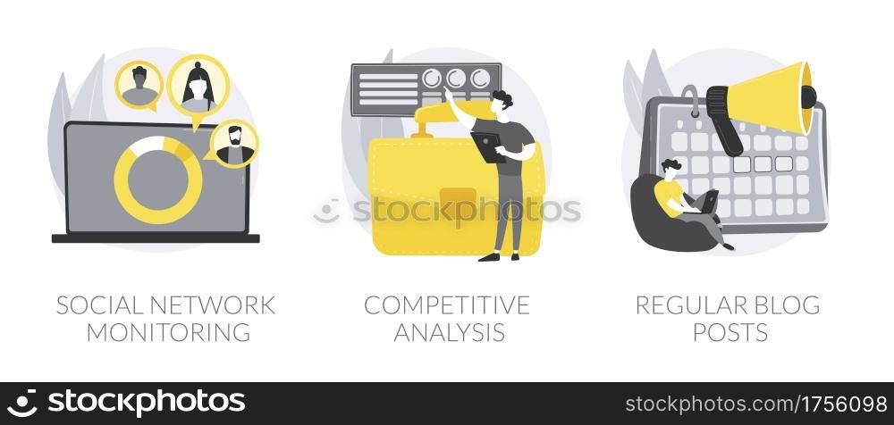 Marketing and PR abstract concept vector illustration set. Social network monitoring, competitive analysis, regular blog posts, brand reputation, startup business consultant abstract metaphor.. Marketing and PR abstract concept vector illustrations.