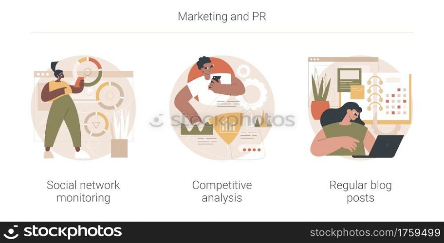 Marketing and PR abstract concept vector illustration set. Social network monitoring, competitive analysis, regular blog posts, brand reputation, startup business consultant abstract metaphor.. Marketing and PR abstract concept vector illustrations.