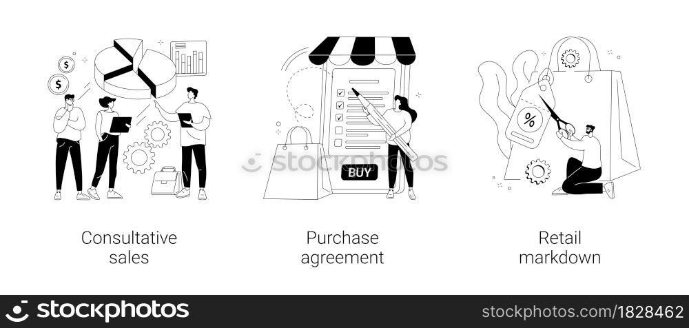 Marketing and promotion abstract concept vector illustration set. Consultative sales, purchase agreement, retail markdown, terms and conditions, product price, b2b selling, discount abstract metaphor.. Marketing and promotion abstract concept vector illustrations.