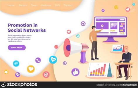 Marketing and promotion in social networks website lading page template. Colleagues work with online advertising, Internet business development concept. People analyze digital marketing strategy. Promotion in social networks concept. People analyze digital marketing strategy, advertising