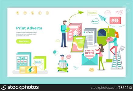 Marketing and promotion, print adverts web page or site vector. Newspaper and leaflets, post messages and journals, commercial landing page flat style. Print Adverts Web Page or Site Template, Marketing