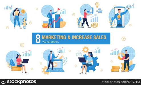 Marketing and Sales Increasing Business Strategy Trendy Flat Vector Isolated Concept Set. Businessmen and Businesswomen Characters Networking on Laptop, Planning Business Growth Strategy Illustration