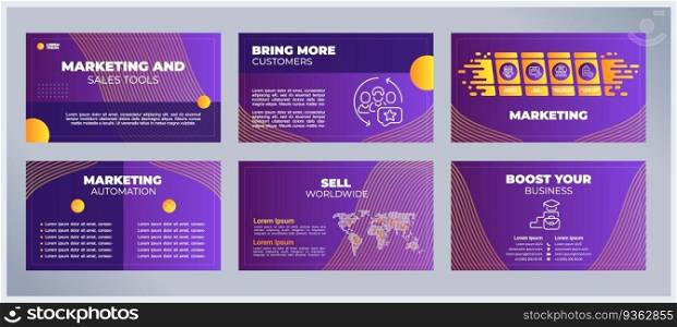 Marketing and sales tools presentation templates set. Enablement platform. Business technology. Ready made PPT slides on purple background. Graphic design. Montserrat, Arial fonts used. Marketing and sales tools presentation templates set