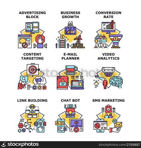 Marketing business concept, Business growth, Conversion rate, Content targeting, Link building, Sms marketing, Video analytics, E-mail planner, Chat bot, Advertising Block vector concept color illustration. Marketing business concept icon vector illustration