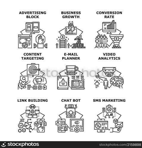 Marketing business concept, Business growth, Conversion rate, Content targeting, Link building, Sms marketing, Video analytics, E-mail planner, Chat bot, Advertising Block vector concept black illustration. Marketing business concept icon vector illustration