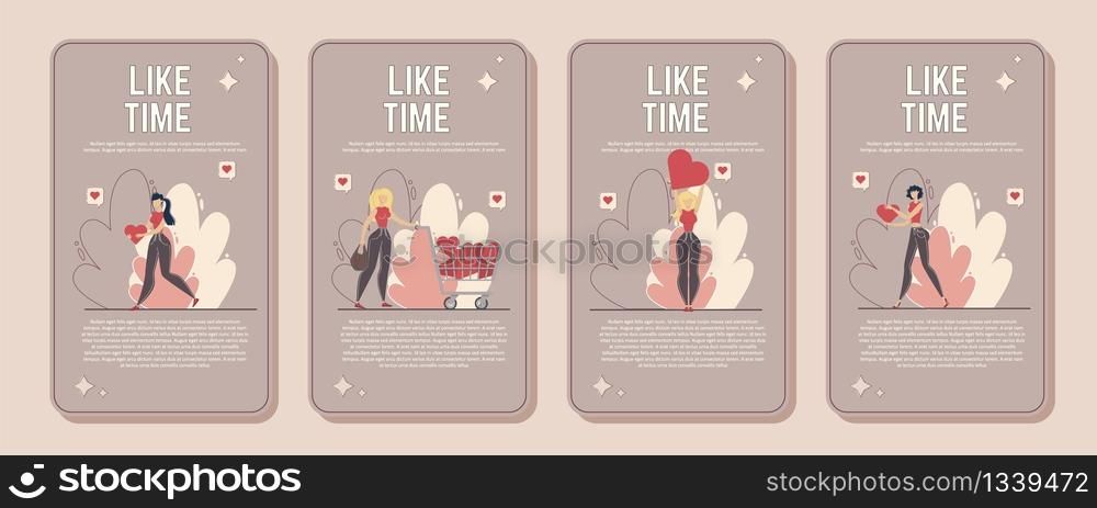 Marketing Campaign in Social Media, Network, Engaging Followers and Subscribers, Influence on Target Audience Vertical Banner, Poster Set. Woman Liking, Sharing Content Trendy Flat Vector Illustration