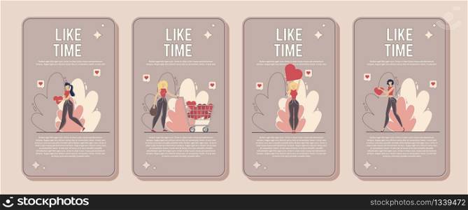 Marketing Campaign in Social Media, Network, Engaging Followers and Subscribers, Influence on Target Audience Vertical Banner, Poster Set. Woman Liking, Sharing Content Trendy Flat Vector Illustration