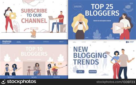 Marketing Campaign in Social Media, Startup for Bloggers and Streamers, Vlogger Channel Trendy Flat Vector Web Banners, Landing Pages Set. Blogging People, Social Network User Characters Illustration