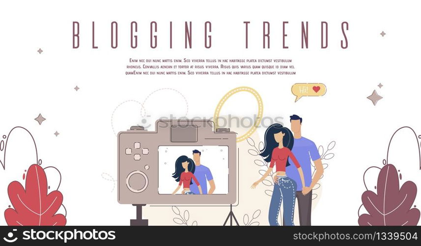 Marketing Campaign in Social Network, Popularity in Internet, Modern Blogging Trends Banner, Poster Template. Man and Woman Characters, Couple Recording Video on Camera Trendy Flat Vector Illustration