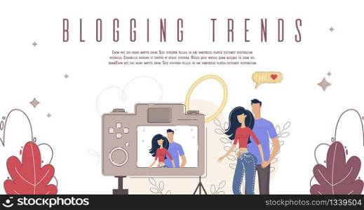 Marketing Campaign in Social Network, Popularity in Internet, Modern Blogging Trends Banner, Poster Template. Man and Woman Characters, Couple Recording Video on Camera Trendy Flat Vector Illustration