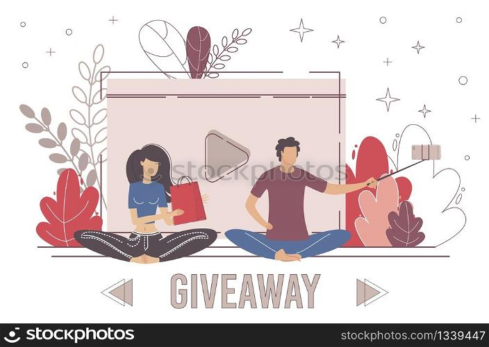 Marketing Campaign with Gifts, Prizes for Clients or Company Blog Followers, New Product Promotion in Social Media Concept. Man and Woman Blogger Streaming Online Trendy Flat Vector Illustration